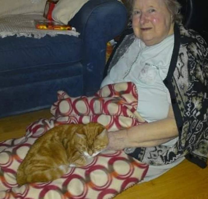 Staršia žena sedí na zemi so zázvorovou mačkou oddychujúcou na farebnej prikrývke.