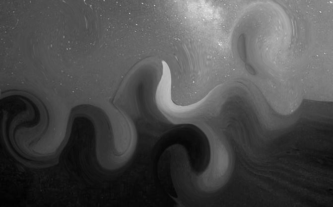 Abstraktné čierno-biele vlny s hviezdami na pozadí, vytvárajúce dojem surrealistickej nočnej scenérie.