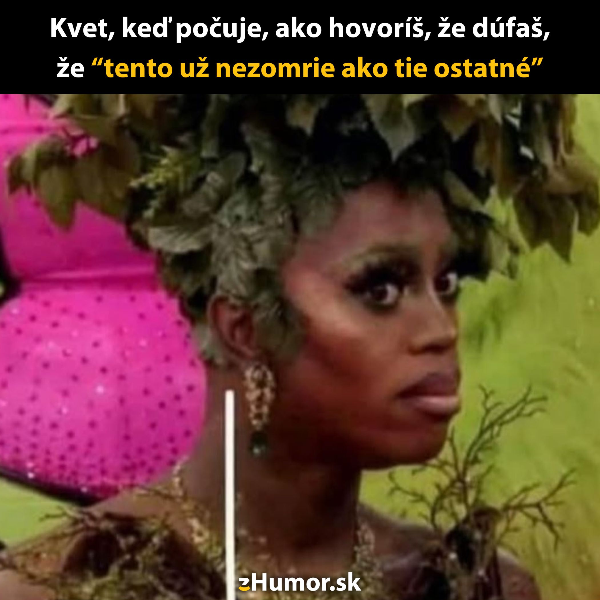 Osoba v kostýme listov s pobaveným výrazom tváre; text: Kvet reaguje na očakávania prežitia.