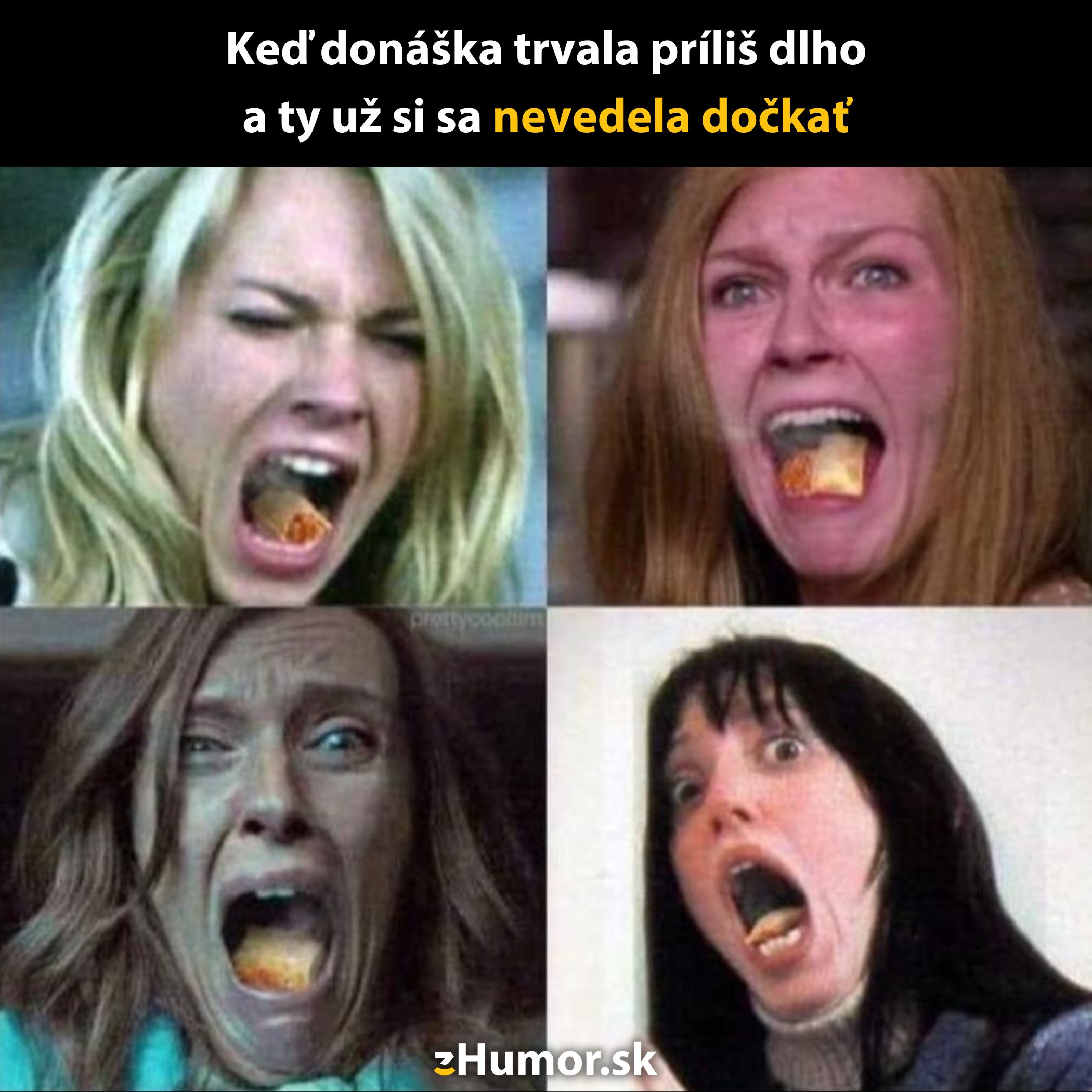 Ženy s prekvapivými výrazmi jedia pizzu po dlhej čakacej dobe na donášku, sa nevedia dočkať.