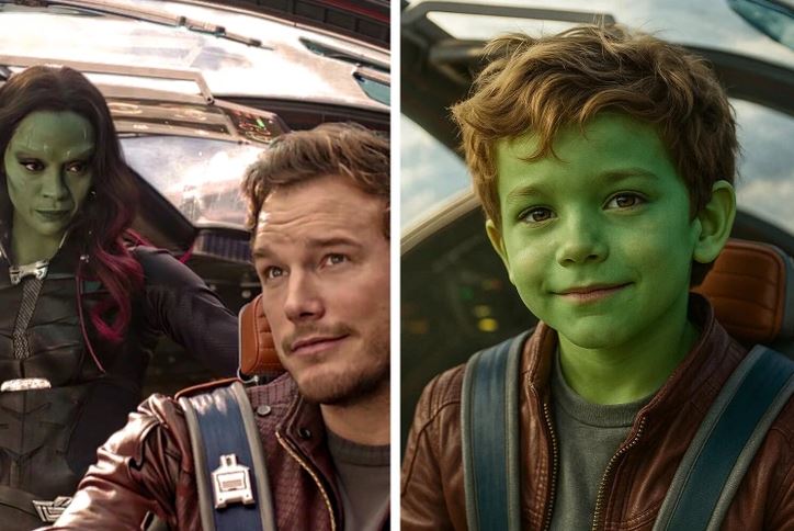 Postavy na vesmírnej lodi, zaujímavé farebné efekty s témou sci-fi dobrodružstva.