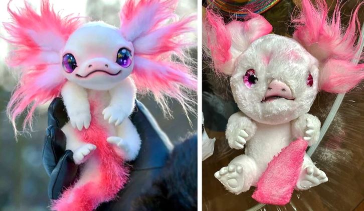 Roztomilý plyšový axolotl s ružovými detailmi a veľkými očami; ideálny darček pre milovníkov zvieratiek.