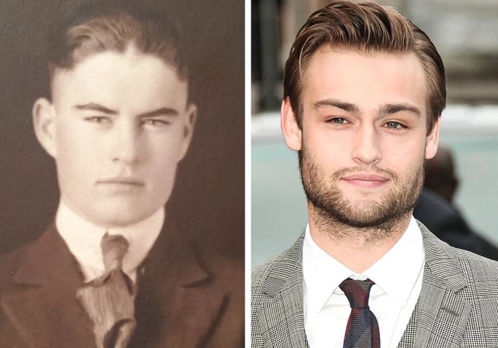 Muž v obleku na historickej fotografii vedľa iného muža v obleku na súčasnej fotografii.