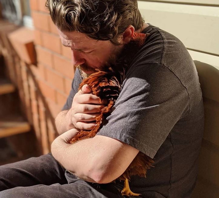 Muž v šedom tričku láskavo objíma sliepku na slnečnom verande domu.