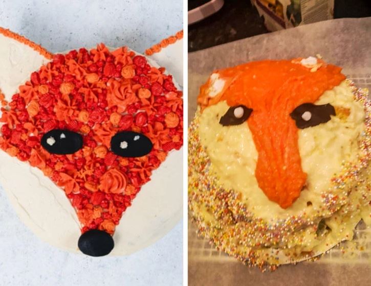 Dva koláče v tvare líšky: jeden profesionálne zdobený, druhý s domácim pokusom, vedľa seba na porovnanie.