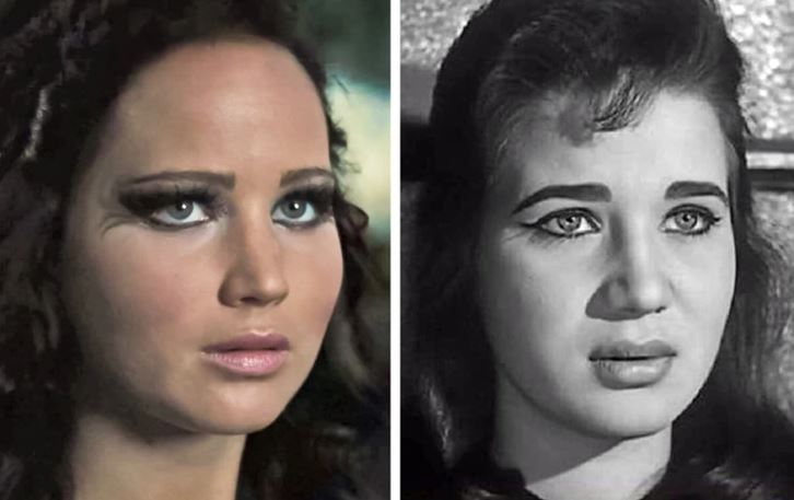 Portrét dvoch žien s výrazným líčením očí, jedna farebná, druhá čiernobiela. Retro a moderný štýl spojený v jedinečnom vzhľade.