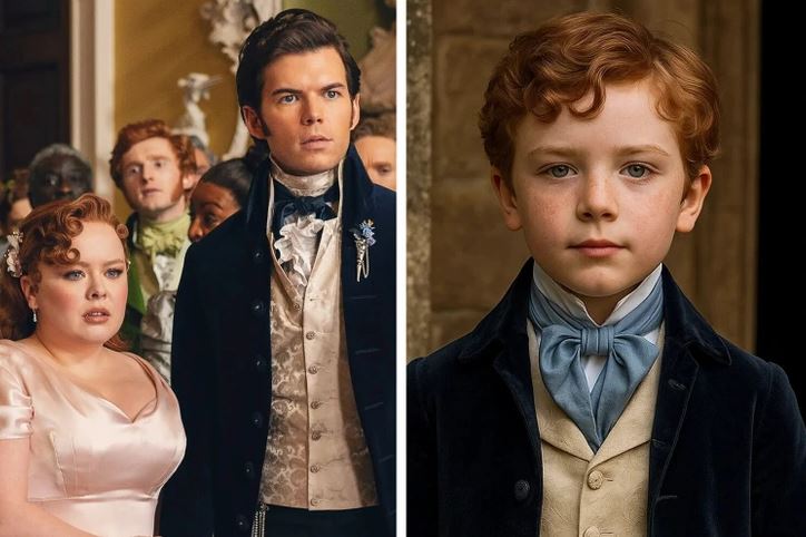 Mladý chlapec a skupina ľudí oblečených v historických kostýmoch stojacich v elegantnom prostredí.