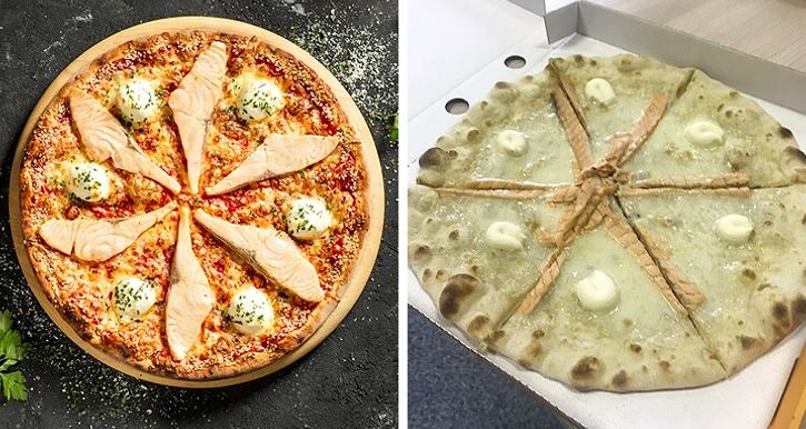 Dva druhy pizze na drevenom stole a v krabici, jedna s paradajkovým základom, druhá s bielou omáčkou a kuracím mäsom.