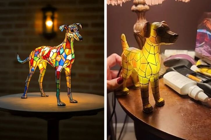 Vitrážová lampa v tvare psa s farebnými sklami na stole, osvetľuje prostredie teplou žiarou.