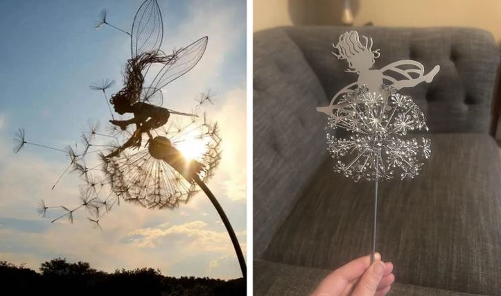 Kovová ozdoba víly na púpave v prírode a detailný pohľad na gauči.