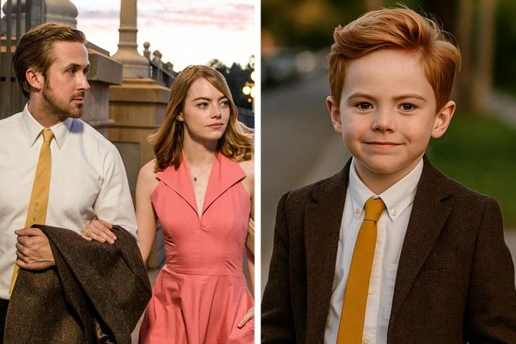 Dvojica v elegantnom oblečení na ulici a chlapec s oranžovou kravatou.