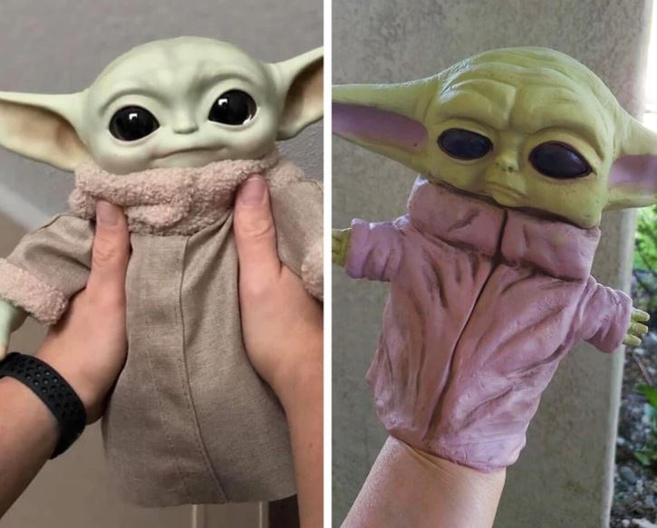 Dve hračky inšpirované postavou so zelenou tvárou, jedna kvalitná, druhá menej detailná.