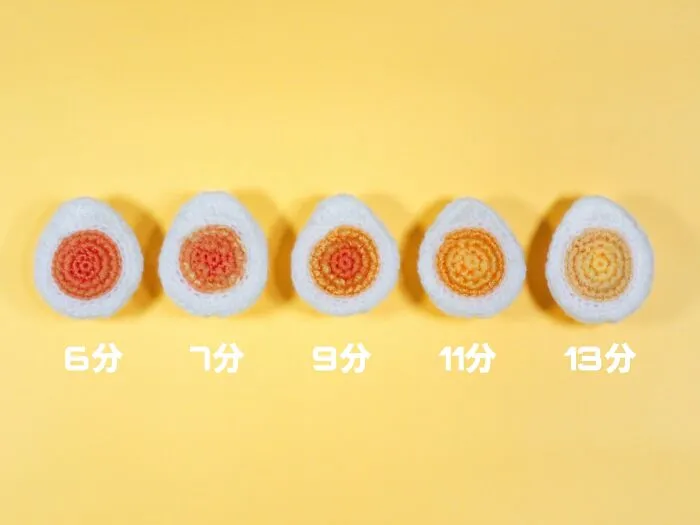 Rôzne stupne uvarenia vajec na žltom pozadí, označené časmi od 6 do 13 minút.