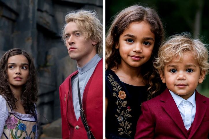 Dvojice ľudí v dobových a moderných odevoch na vonkajšom pozadí, vyjadrenie kontrastu prostredia a štýlov.