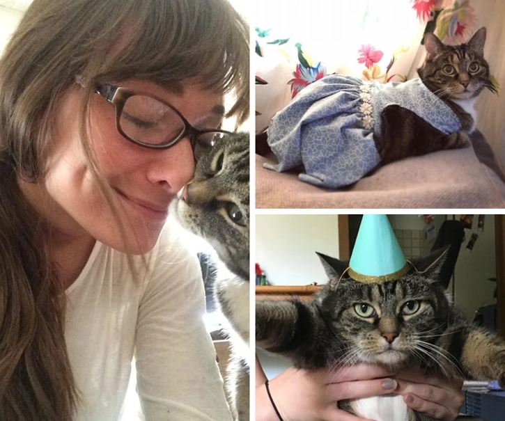 Osoba sa mazlí s mačkou, ktorá je oblečená v šatách a má párty čiapku.