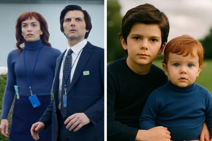 Obraz dvoch dospelých v kancelárskom prostredí a dvoch detí na exteriérovom portréte, všetci v modrom oblečení.