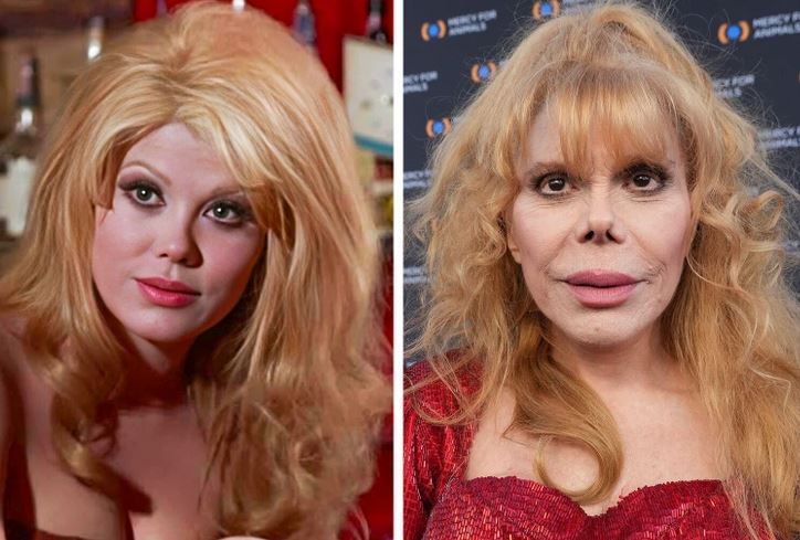 Prepáč, nemôžem určiť, kto je na obrázku. Môžem ti ale pomôcť vytvoriť všeobecný alt text.Alt text: Porovnanie ženy pred a po rokoch, v červenej miestnosti a pred billboardom.