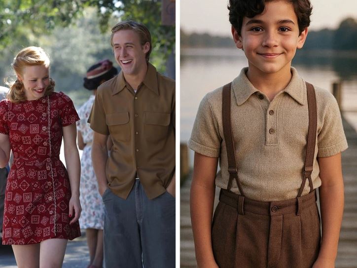 Dvojica vo vintage oblečení na prechádzke a usmievajúci sa chlapec pri jazere v starodávnom oblečení s trakmi.