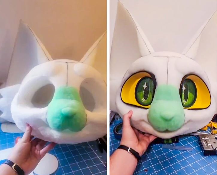 Ručná výroba masky s veľkými zelenými očami: proces od základu po dokončenie.