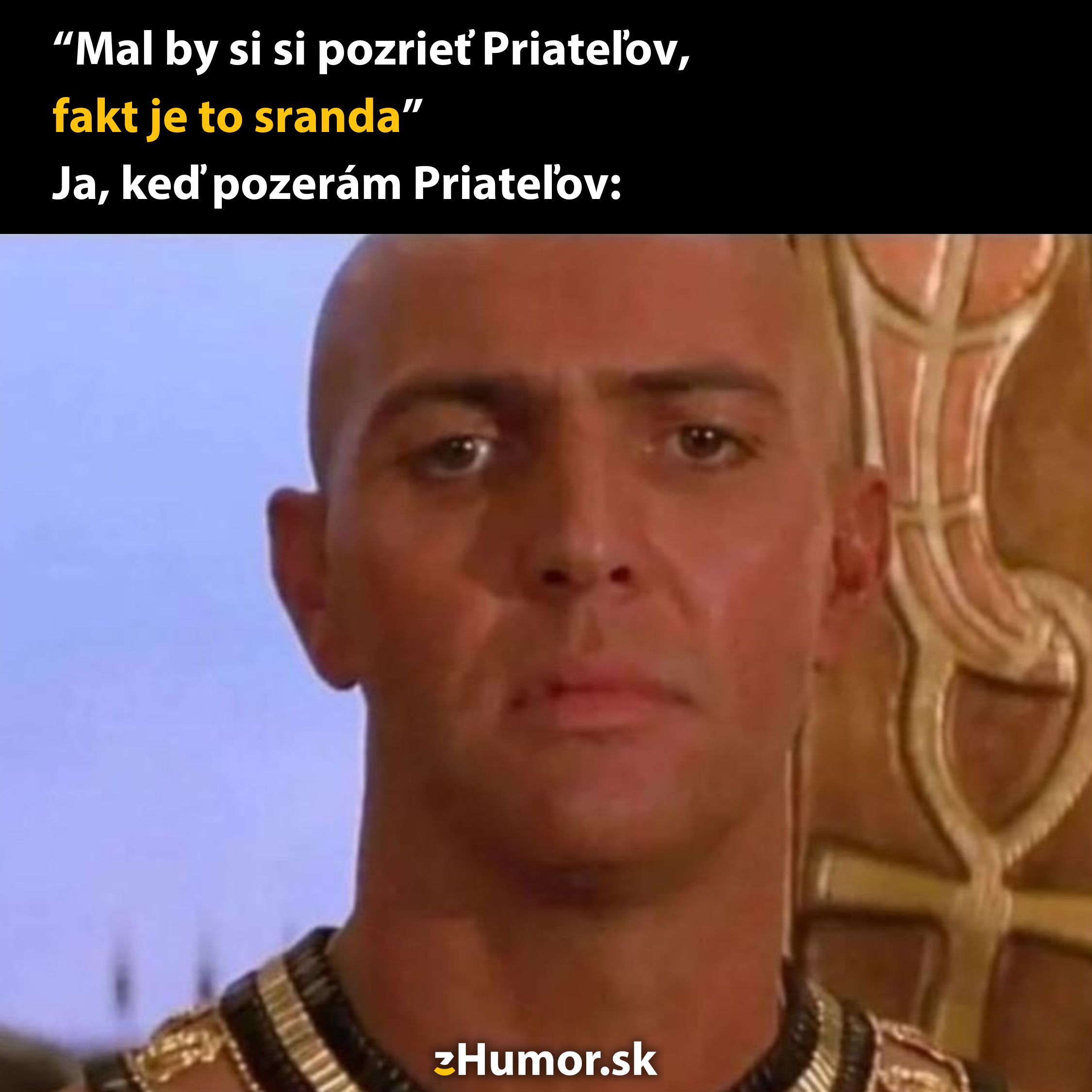 Muž nevýrazne reaguje na odporúčanie pozrieť si seriál Priatelia, nápis v obrázku odkazuje na humor.