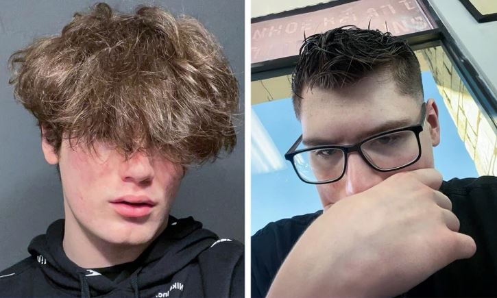 Dva portréty mladého muža so zmenou účesu, jeden s dlhými vlasmi a druhý s krátkymi a okuliarmi.