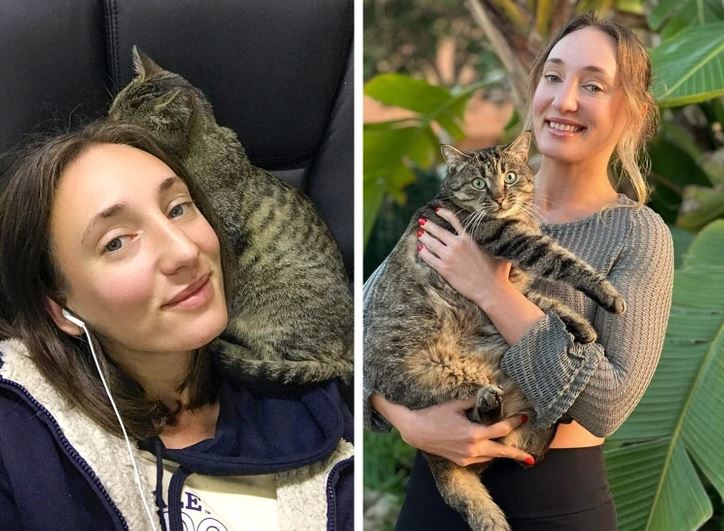 Žena s usmievajúcou tvárou drží veľkú mačku na rukách v záhrade, predtým a teraz.