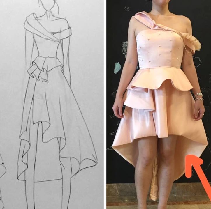 Návrh asymetrických šiat na papieri a ich finálna podoba na skutočnej osobe.