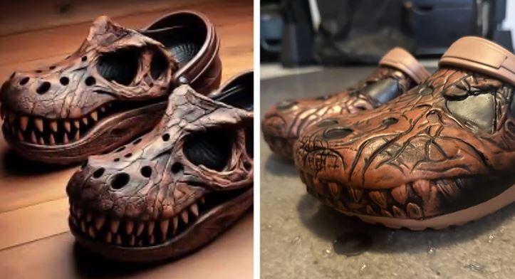 Originálne sandále v tvare dinosaurov s detailným reliéfom a otvormi na ventiláciu.