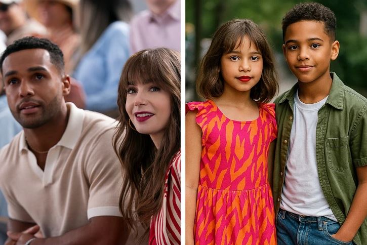 Pár na podujatí a dve deti vonku, všetci štýlovo oblečení, usmievajú sa.