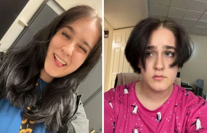 Ložiská obrázku ukazujú pred a po úprave účesu, krátky zostrih vs. dlhé vlasy.