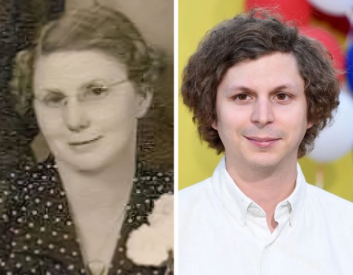 Párový portrét: stará čiernobiela fotografia ženy a farebná moderná fotografia muža s kučeravými vlasmi.