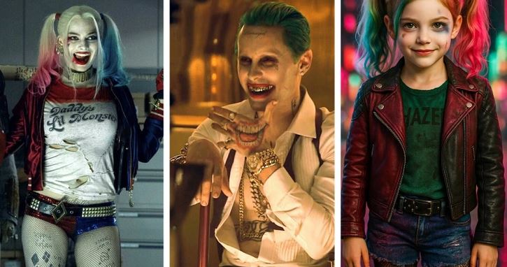 Trojité zobrazenie postáv v kostýmoch z filmu so smiechom a farebnými vlasmi, charakteristické pre popkultúru.