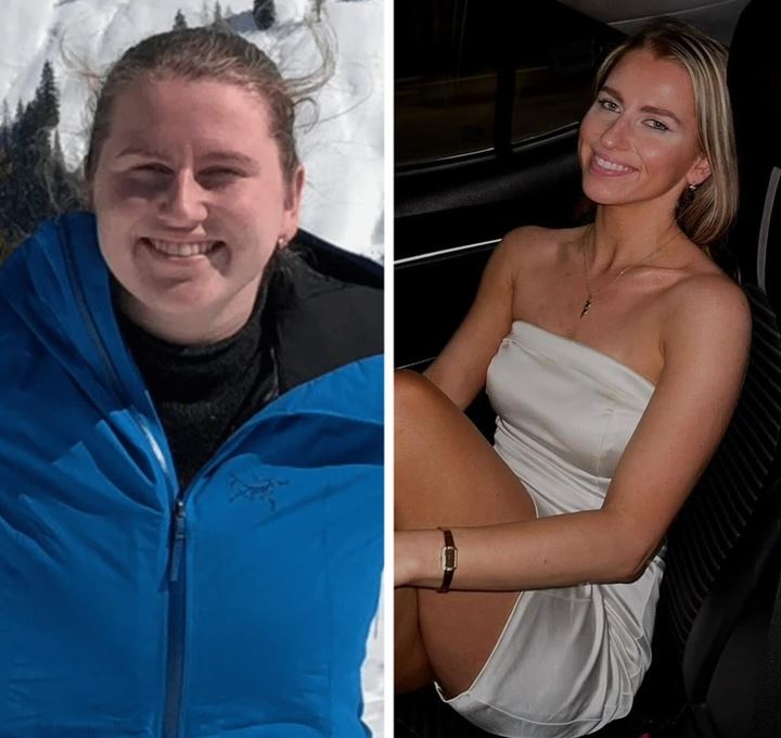 Osoba sa usmieva na zasneženej krajine a v aute, oblečená v modrej bunde a bielych šatách.