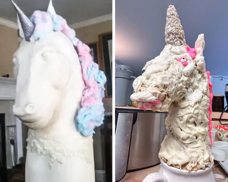 Dve sochy jednorožca: vľavo elegantná, vpravo bizarný pokus. Farebná hriva a jedinečné detaily.