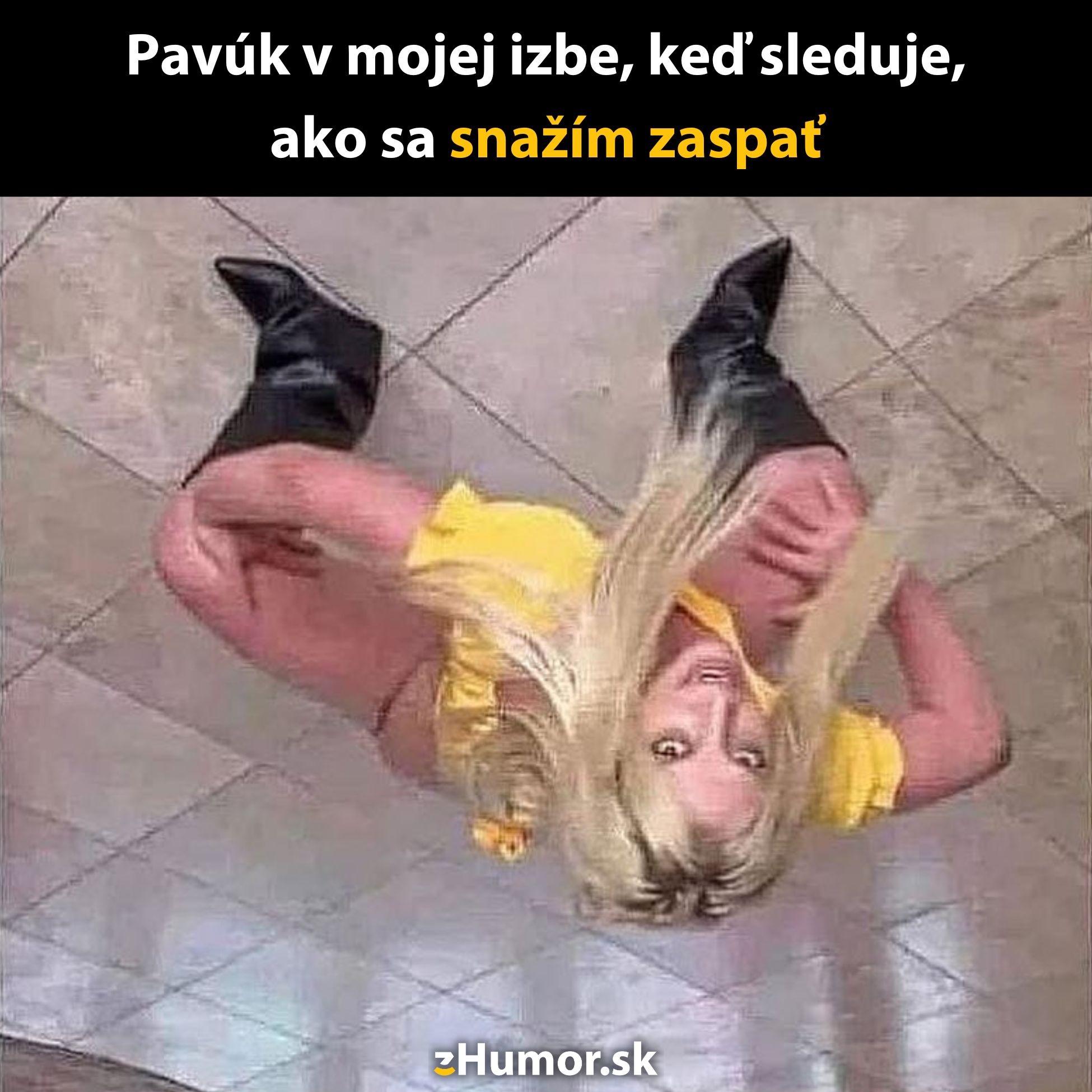 Osoba v neobvyklej póze na podlahe pripomína obrieho pavúka, ktorá vyvoláva komický efekt.