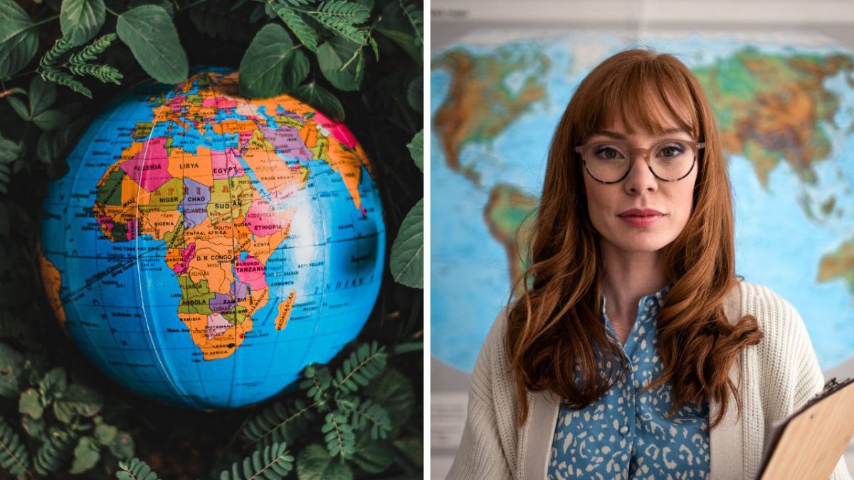 Glóbus obklopený listami a žena s mapou na pozadí, symbolizujúca geografiou a vzdelávanie.