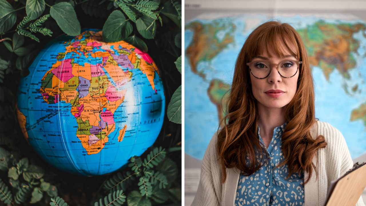 Glóbus obklopený listami a žena s mapou na pozadí, symbolizujúca geografiou a vzdelávanie.