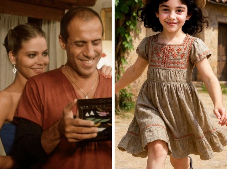 Ľudia na fotografii sa usmievajú, vedľa je dievčatko v šatách, beží vonku. Obraz vyžaruje radosť a pohodu.