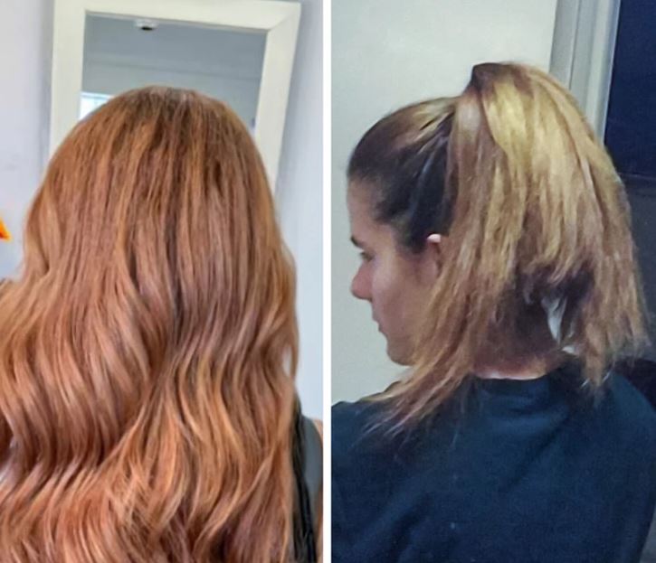 Pred a po: Dlhé, vlnité vlasy vľavo, zopnuté do copu a rozstrapatené vpravo.