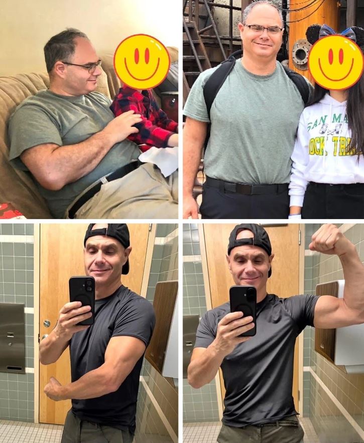 Muž pred a po tréningovej premene, ukazuje pokrok vo fyzickej kondícii a sile, drží si biceps v zrkadle.