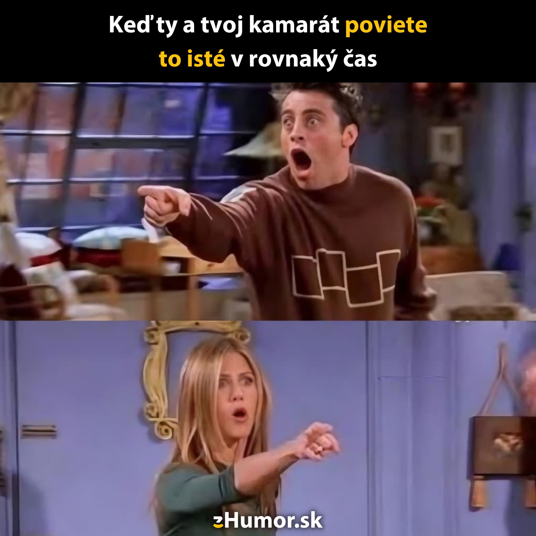 Dva zábery z populárneho seriálu, postavy gestikulujú s prekvapenými výrazmi.