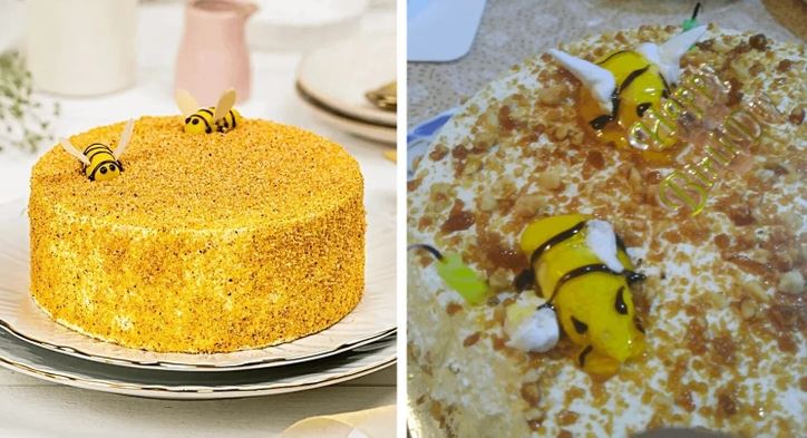 Dva medové torty zdobené včielkami, každá s iným vzhľadom a textúrou polevy, na stole v kuchyni.