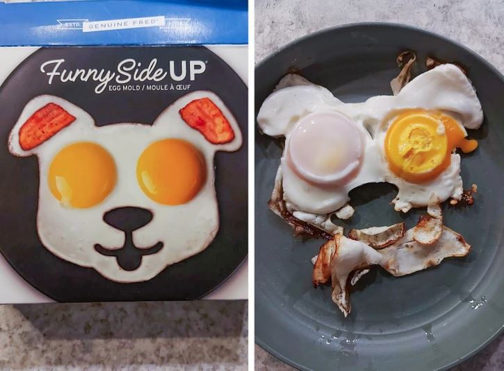 Humorné vajíčka v tvare tváre na krabici a tanieri, porovnanie dizajnu a reality.