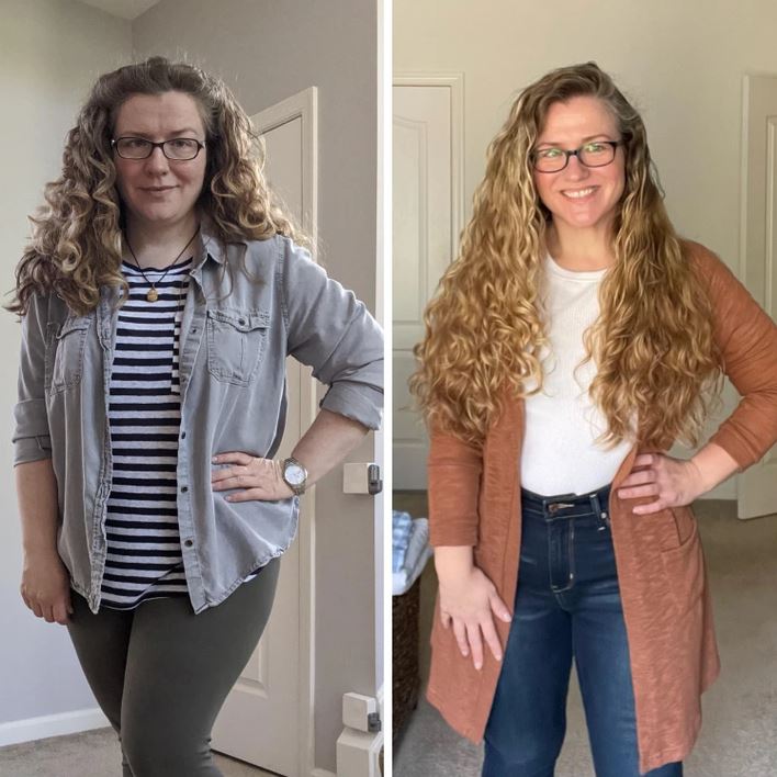 Dve ženy pred a po premene, rôzne oblečenie, dlhé kučeravé vlasy, zrkadlový selfie štýl.