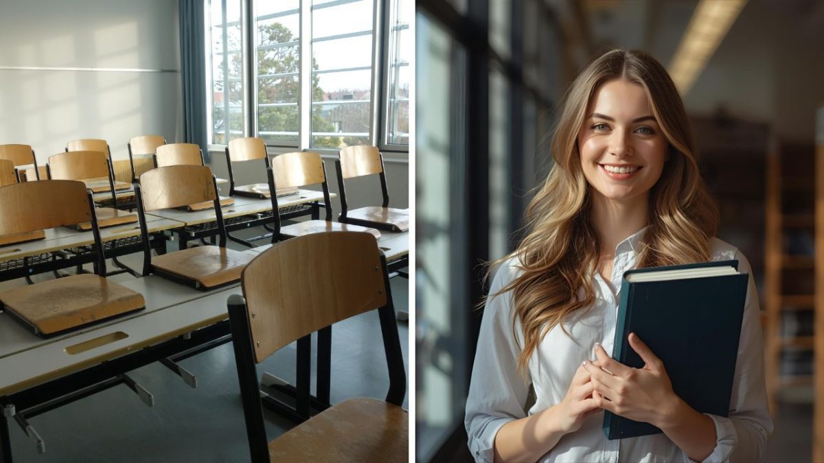 Prázdna trieda a študentka s knihou v svetlej učebni, symbolizujúca vzdelanie a učenie sa.