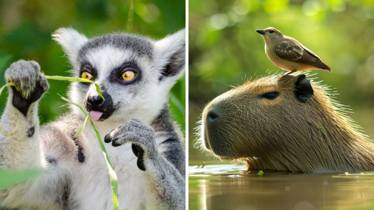Lemur so stonkou trávy a kapybara vo vode s vtákom na hlave v zelenom prostredí.