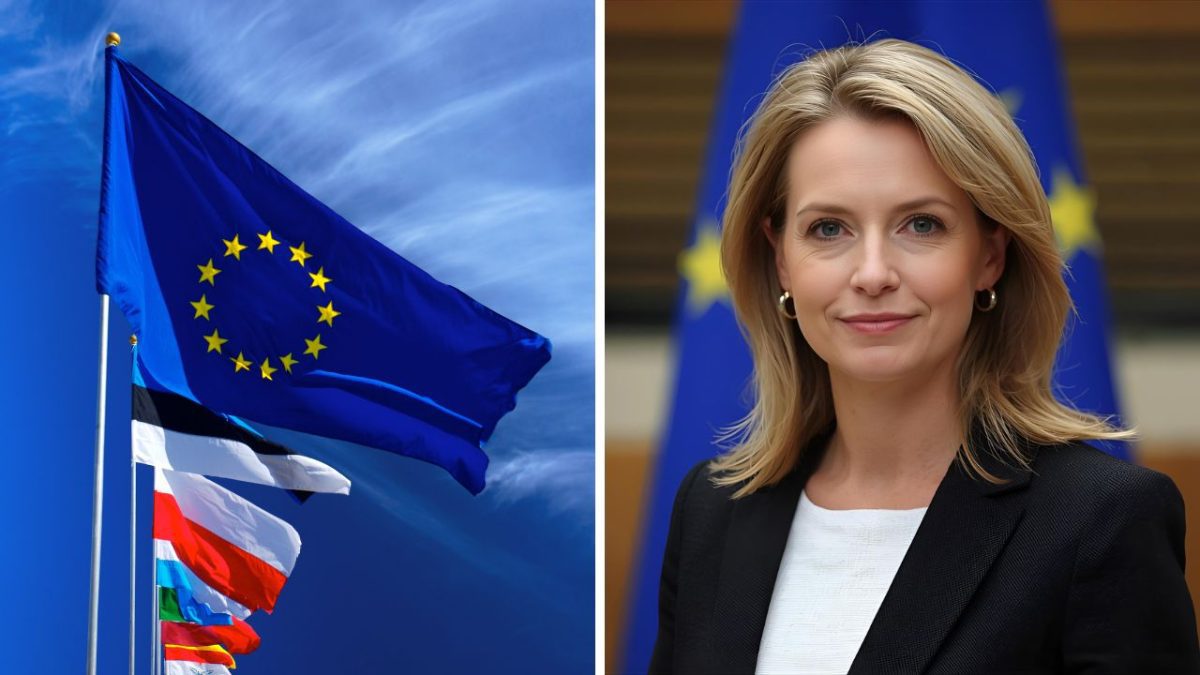 Veľa vlajok krajín EÚ veje vedľa portrétu ženy na modrom pozadí.