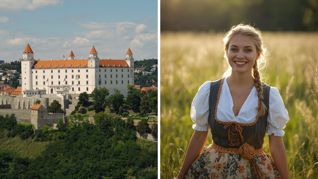 Bratislavský hrad v letnom počasí a usmiata žena v tradičnom kroji na poli.