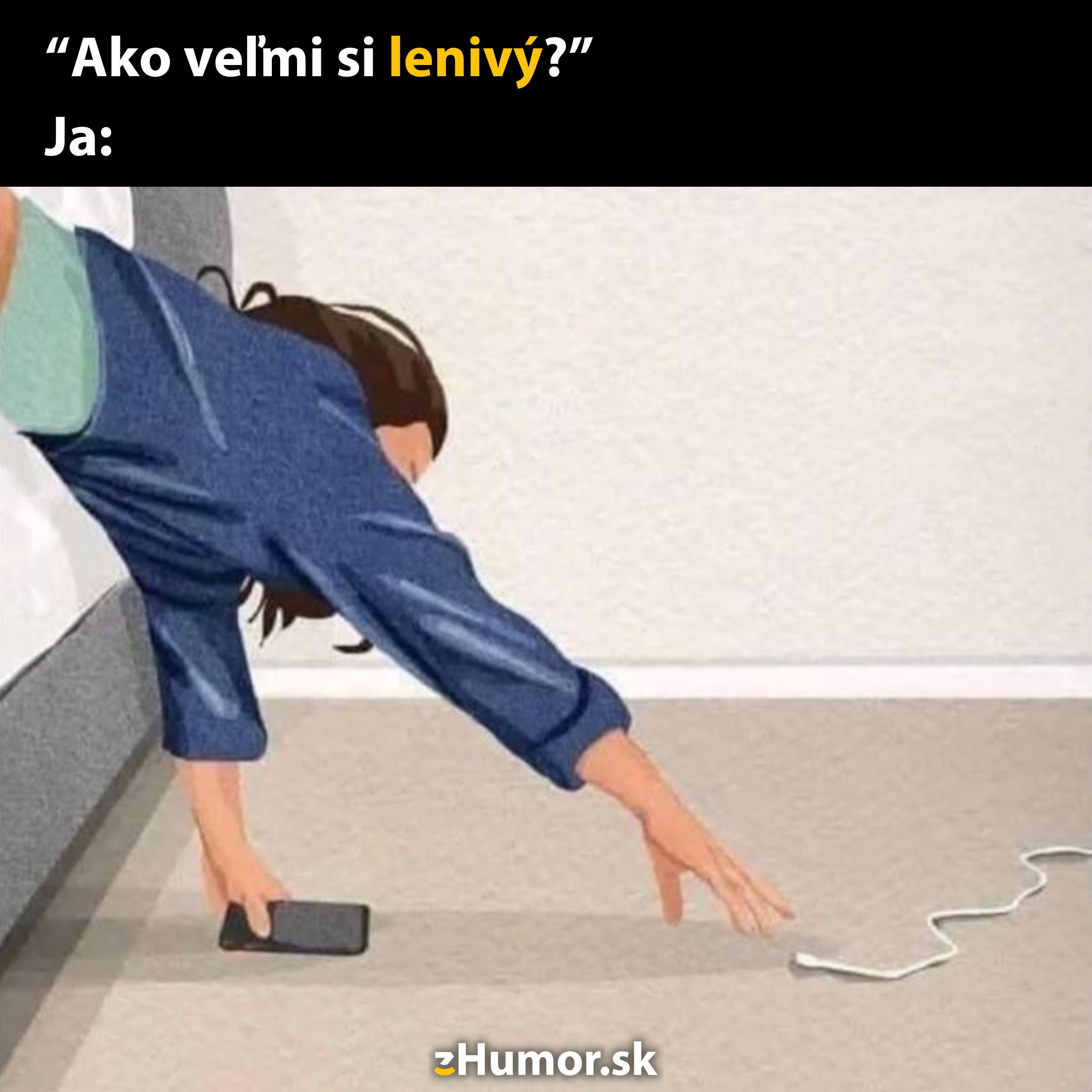 Žena sa natiahne z postele, snaží sa dosiahnuť nabíjačku na podlahe, pričom telefonuje.