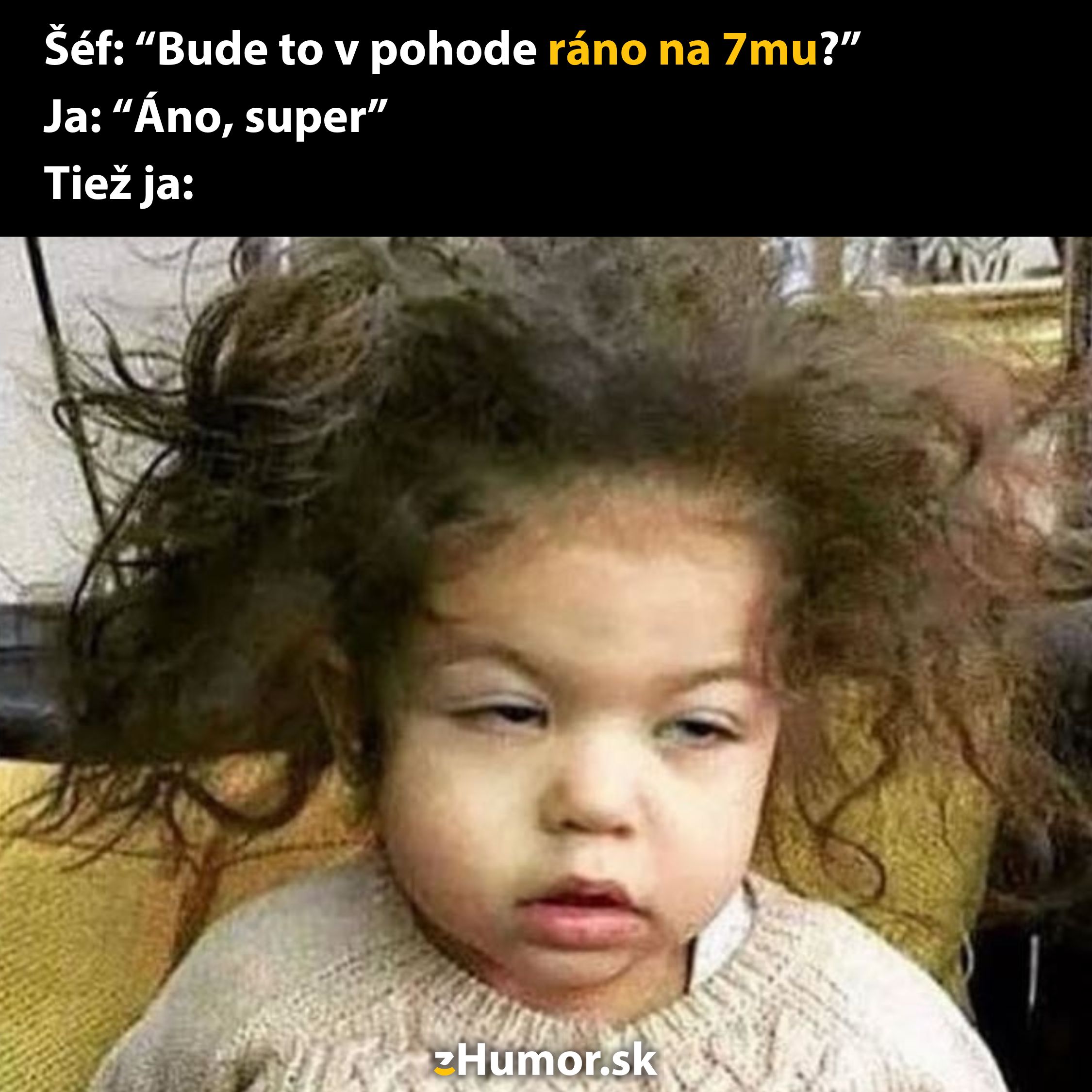 Dieťa s unaveným výrazom a rozcuchanými vlasmi ilustruje pocit po nedostatočnom spánku pred skorým vstávaním.